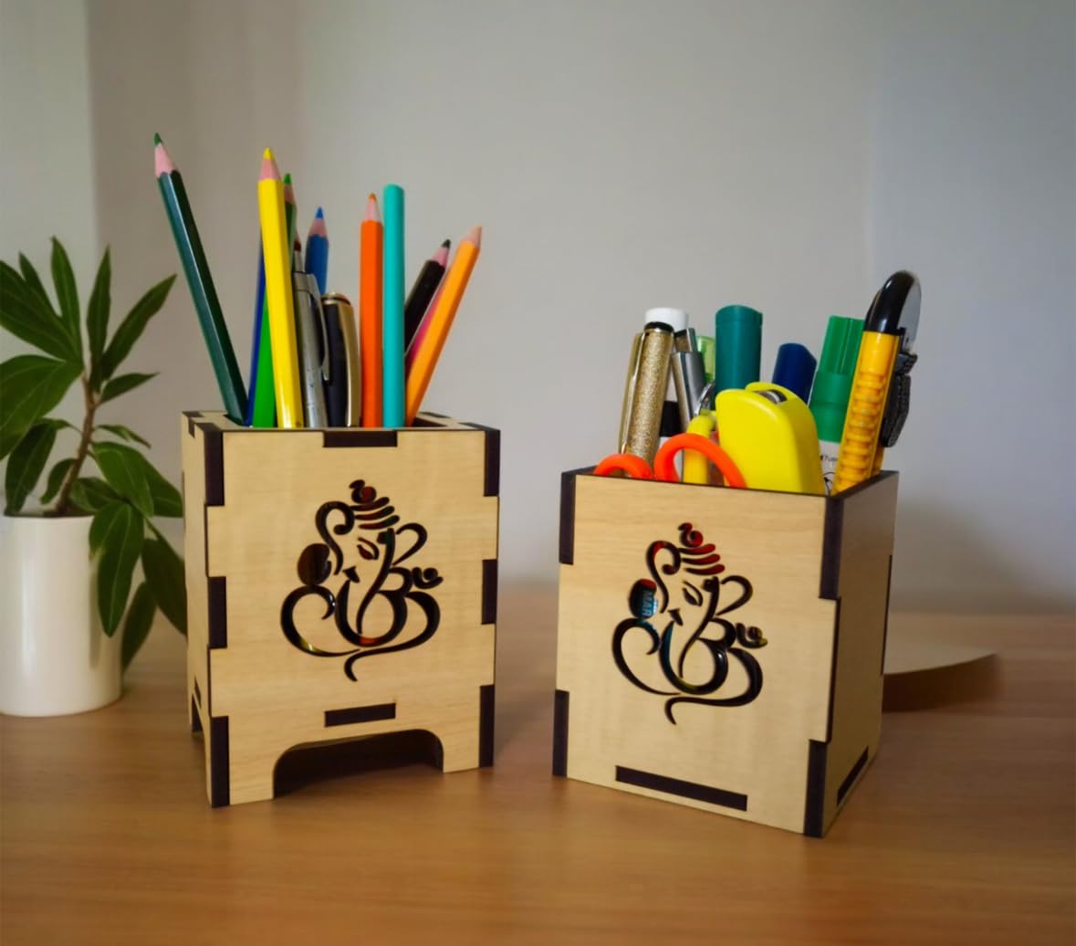 Wooden Pen Stand with Ganesha Idol